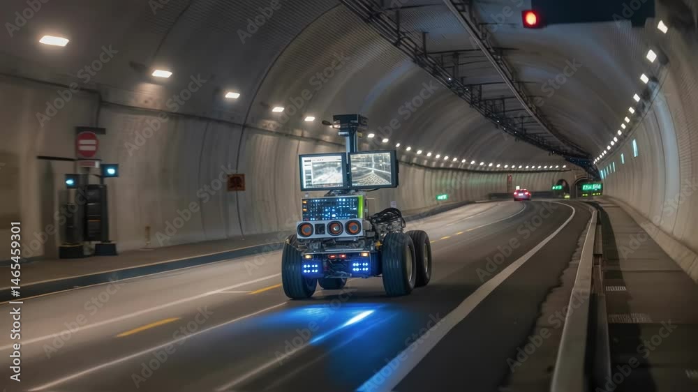 Poster A medium closeup of a robotic vehicles advanced sensor array with illuminated screens displaying realtime data analytics and environmental scans of the tunnel.