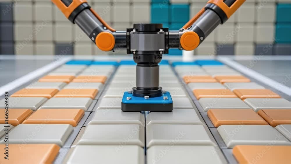 Poster A medium closeup of a robotic tile installer maneuvering around obstacles with attention on the articulated joints and flexible design that facilitate tight corner placements.
