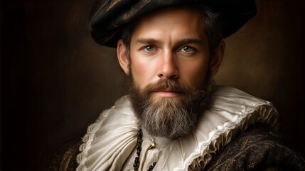 Obraz premium Nobleman wearing ornate dark and gold hat, white ruff highlighting aristocratic refinement from Renaissance period portraiture