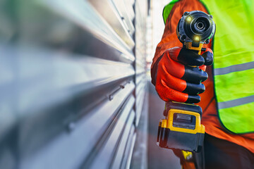 Close-up construction worker wearing high visibility safety vest and protective gloves, holding a cordless power drill. Industrial work and safety gear with construction tools.