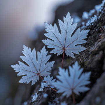 Copos de nieve en forma de hojas de maple en un ronco en hermoso paisaje invernal.