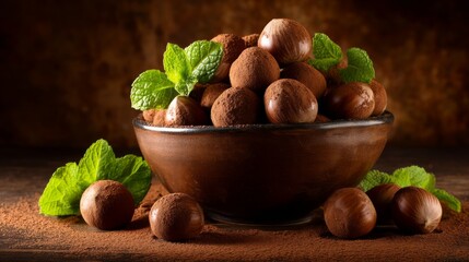 Delicious chocolate truffles garnished with fresh mint leaves in a bowl