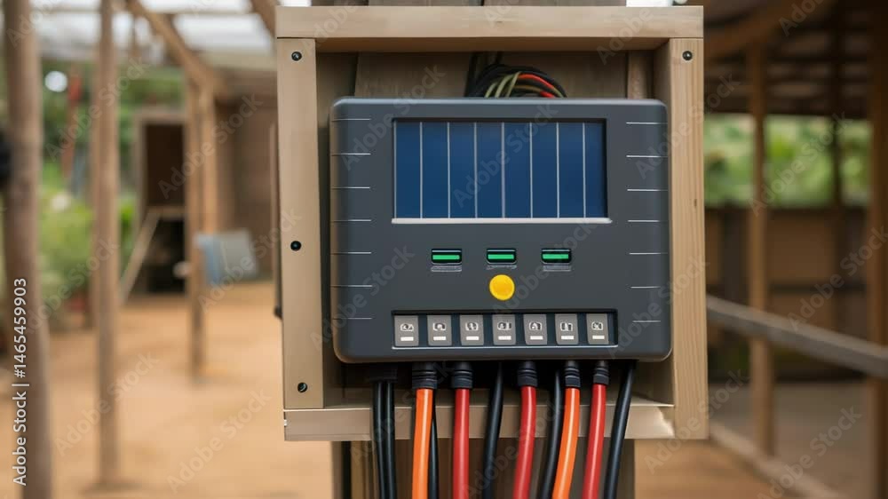 Poster A medium closeup of a solar charge controller with wires neatly organized demonstrating its role in managing energy for various site tools in a rustic setting.