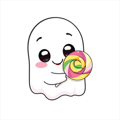 A cute little ghost is holding a lollipop. 