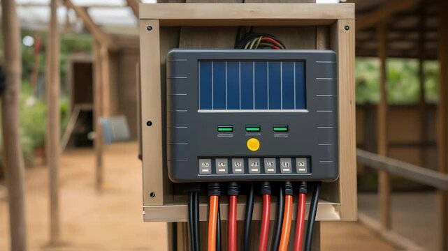 A medium closeup of a solar charge controller with wires neatly organized demonstrating its role in managing energy for various site tools in a rustic setting.
