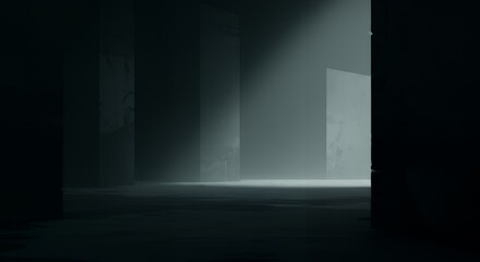 Mysterious Dark Corridor with Light Beam and Doors