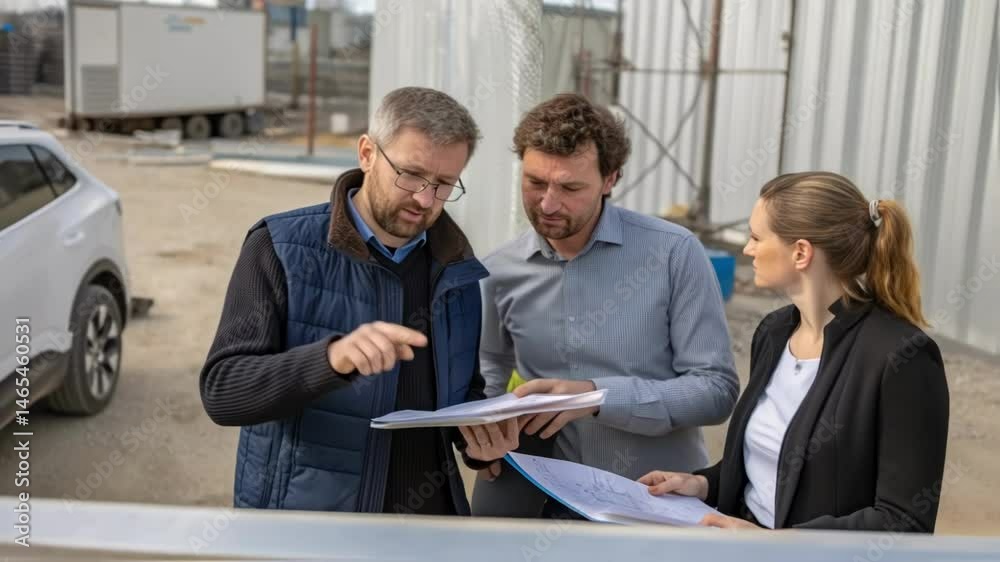Poster a medium closeup of a team discussing plans near a hydrogen construction vehicle with notepads and s
