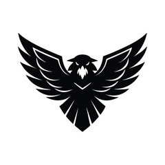 Powerful black eagle silhouette with wide spread wings representing freedom and strength symbol on white background