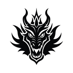A fierce black dragon head illustration showing intricate details of horns sharp teeth and a powerful expression