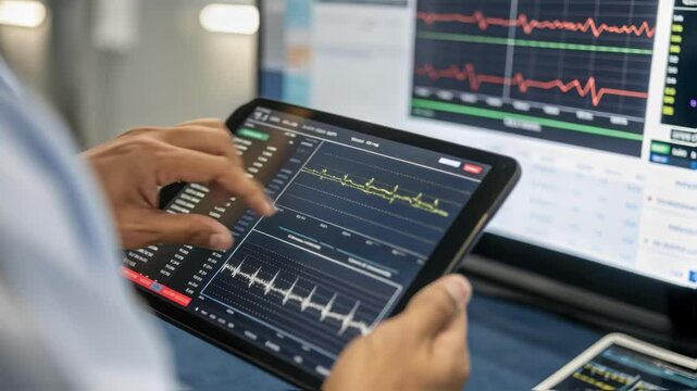 A medium closeup of a technicians hands manipulating waveforms on a tablet while a screen in the background displays realtime structural health monitoring data including stress and