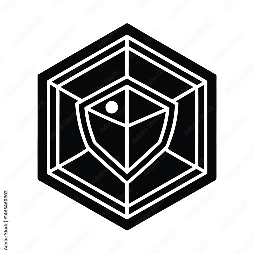 Poster abstract geometric emblem design featuring a shield within a hexagonal framework with a simple moder