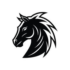 Powerful black and white horse head logo design perfect for equestrian brands and athletic team branding