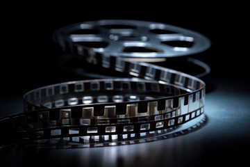 Film reel on a dark surface with light reflecting off the metallic edges