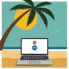 Tropical beach scene with laptop showing video call interface  