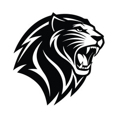 Fierce lion head illustration in striking black and white suitable for logos or emblem designs