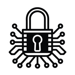 Black and white illustration symbolizing digital security a padlock integrated within a circuit board for online protection.