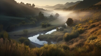 Misty valley at sunrise