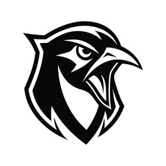 A bold black and white vector illustration depicting a fierce bird of prey head ideal for logos and designs