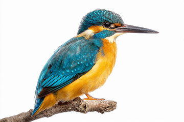 Colorful kingfisher perched on a branch against a white background showcasing vibrant plumage