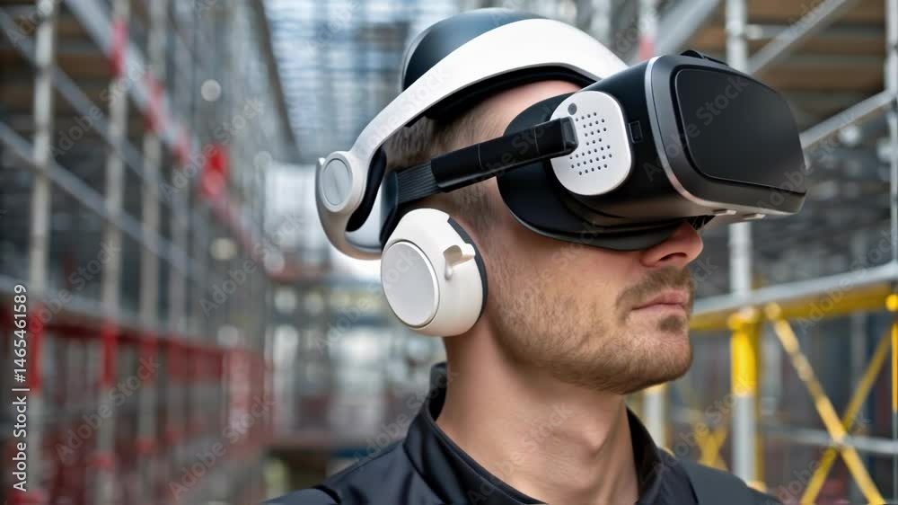 Aufkleber A medium closeup of a virtual reality headset being worn by a user fully immersed in a 4D construction simulation with digital scaffolding and equipment surrounding them in an
