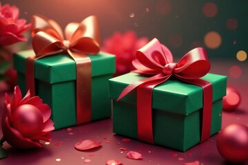 Obraz premium Emerald & ruby gift boxes, large bows, ethereal scene, whimsical, smooth