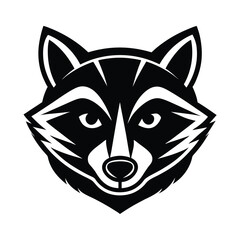 Clean minimalist black and white illustration of a stylized raccoon head for logos mascots and branding purposes