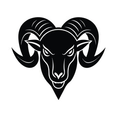 Bold black and white illustration of a ram head with large curved horns representing aries zodiac sign.