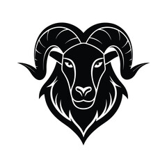 A bold black and white vector illustration of a ram head representing the aries zodiac sign for design projects
