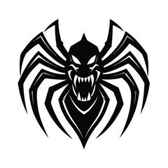 Spooky black and white spider emblem depicting a frightening spider with sharp fangs and aggressive expression