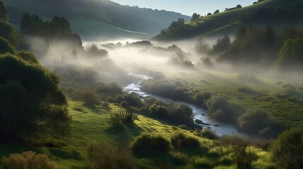 Misty valley stream sunrise