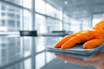  A pair of orange gloved hands polishing a sleek glass surface, positioned in the lower-left corner. The background is a softly blurred modern office with large windows.