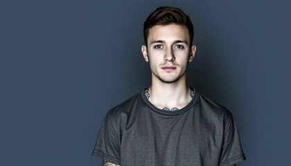 Obraz premium Portrait of a Confident Young Man Against Solid Blue Backdrop with Tattooed Neck and Arm Details