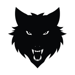 Powerful black wolf silhouette head with bared fangs against a plain white background showcasing wild animal illustration.