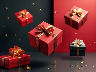 Obraz premium Luxurious gift boxes with gold detailing, suspended mid-air , gift, box, festive