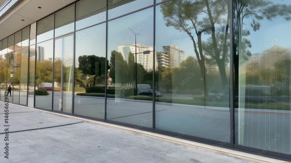 Poster A medium closeup of heatreflective glass installed in a modern facade reflecting the surrounding environment while maintaining a sleek appearance.