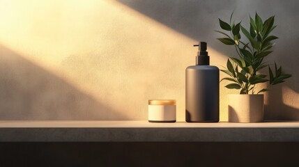 Two-tone matte product bottle on minimal shelf with warm lighting.