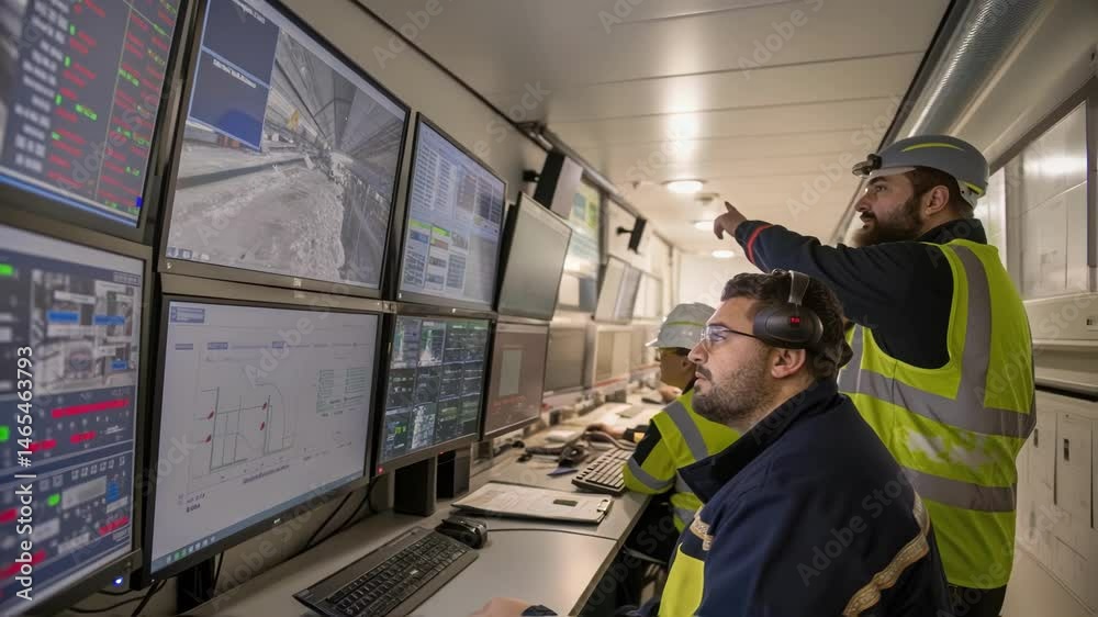 Aufkleber A medium closeup of technicians monitoring a robotic system inside a control room with multiple screens reflecting the live feed from the tunnel boring operations displaying charts