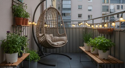 A cozy balcony with a hanging chair, plants, and string lights creating a relaxing outdoor space