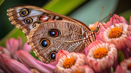 Closeup of Brown Butterfly on Pink Flowers