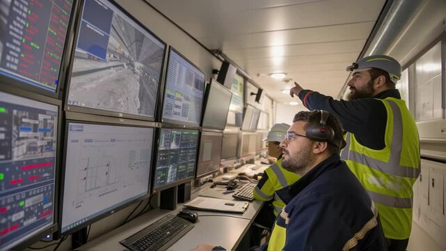 A medium closeup of technicians monitoring a robotic system inside a control room with multiple screens reflecting the live feed from the tunnel boring operations displaying charts