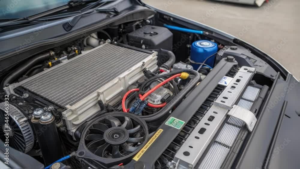 Aufkleber A medium closeup of the cooling system components highlighting the efficient design needed to support both the hybrid engine and electric motor under load.