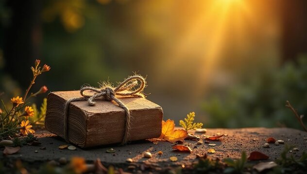 Soft light illuminates rustic twine-tied parcels , kraft, tone, still life