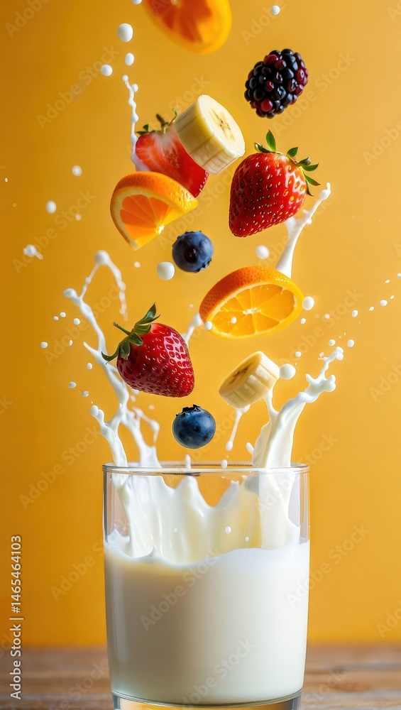 Poster a glass of milk with fruit pieces floating around it, creating an effect like the milk is being pour