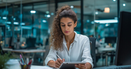 Focused Young women Professional Writing on iPad in Modern Glass-Walled Office