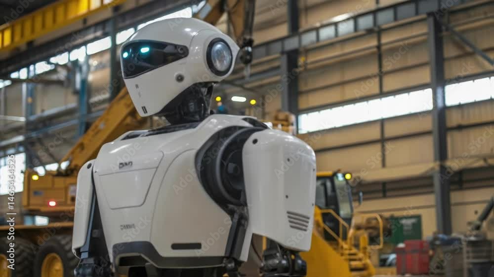 Poster a medium closeup of the robotic exosuit in an industrial setting with a focus on its sleek modern ae