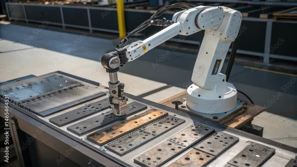 Poster A medium closeup of the robotic arm positioned above a workbench with multiple metal parts laid out below demonstrating its capability for versatile welding applications. The
