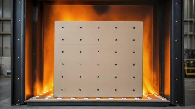 A medium closeup of the panel being exposed to simulated fire conditions capturing the resistance of the material and highlighting the effectiveness of its protective technology.