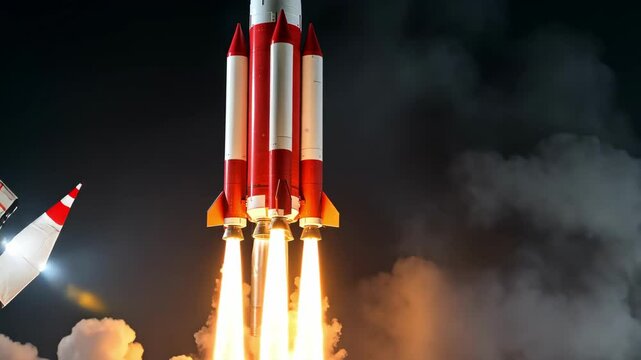 Rocket launch with flames and smoke at night