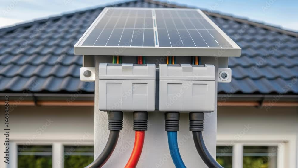 Poster A medium closeup revealing the junction where the solar panel connects to the homes energy system demonstrating the integration of renewable energy in residential applications.