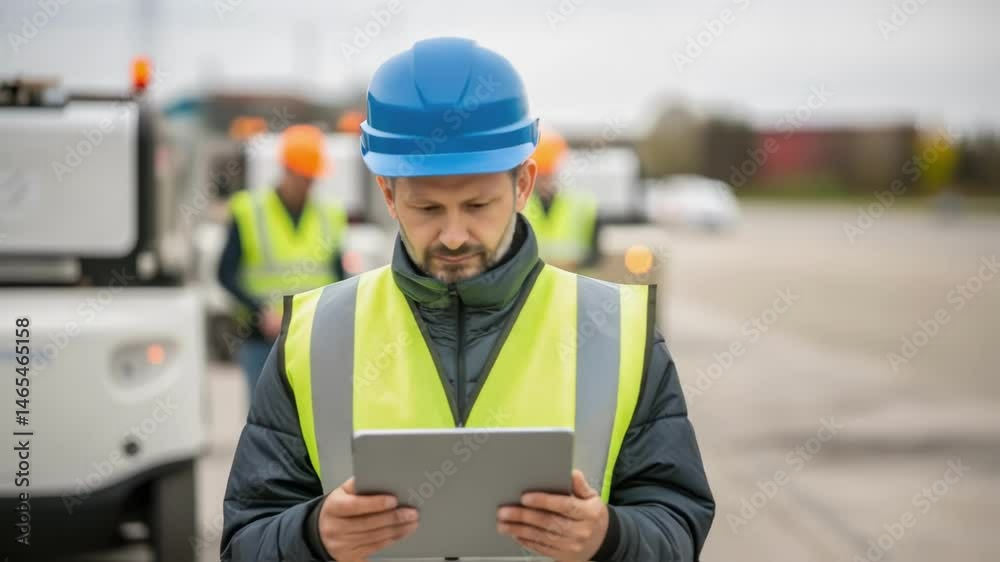 Aufkleber A medium closeup reveals a construction worker interacting with a tablet to program an autonomous delivery vehicle with safety vests and helmets indicating a collaborative work